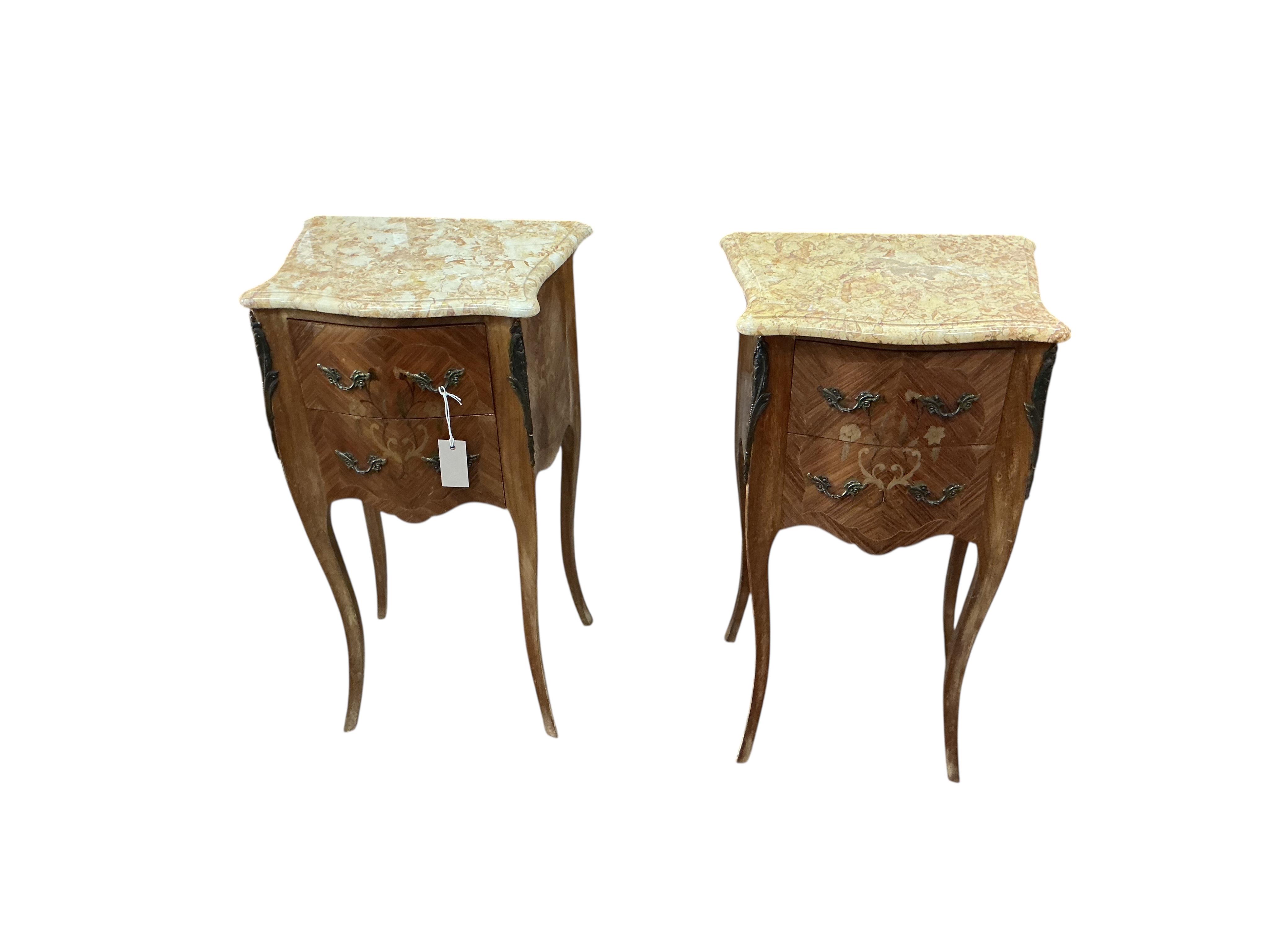 A pair of French gilt metal mounted marquetry inlaid kingwood marble top serpentine bedside chests, width 42cm, depth 32cm, height 72cm